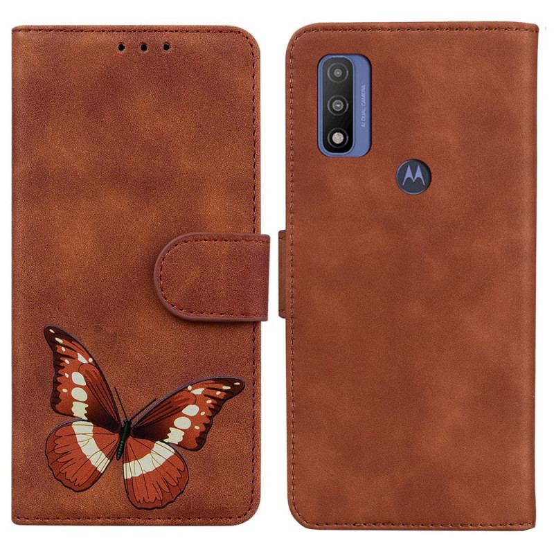 Capa De Couro Para Moto E40 / E30 / E20 Borboleta Com Toque De Pele