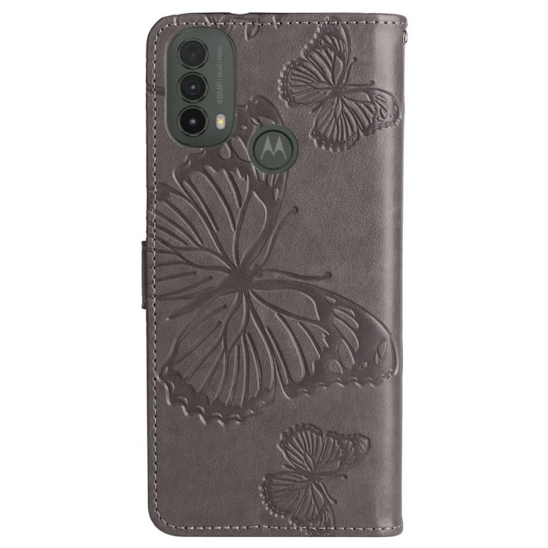 Capa De Couro Para Moto E40 / E30 / E20 De Cordão Borboletas Gigantes