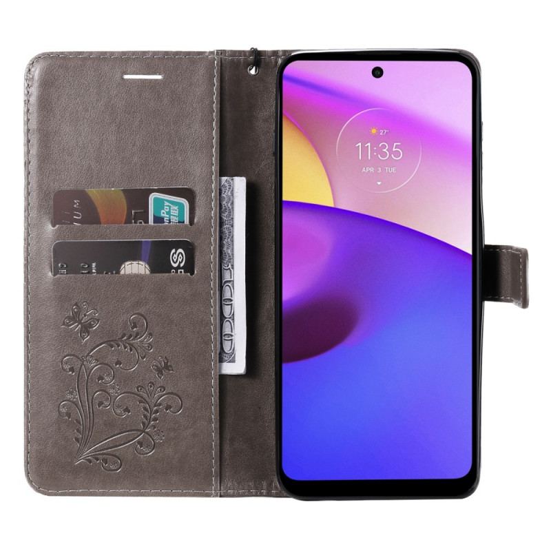 Capa De Couro Para Moto E40 / E30 / E20 De Cordão Borboletas Gigantes