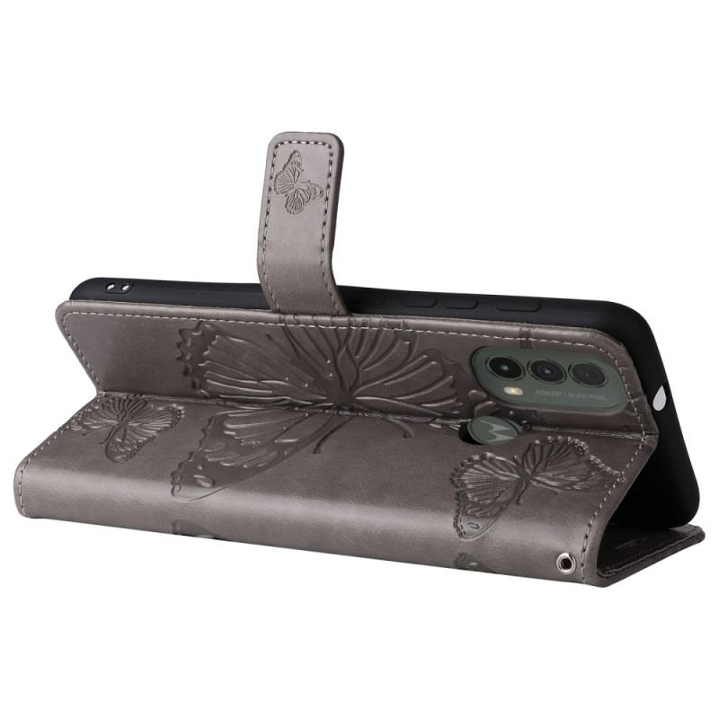 Capa De Couro Para Moto E40 / E30 / E20 De Cordão Borboletas Gigantes