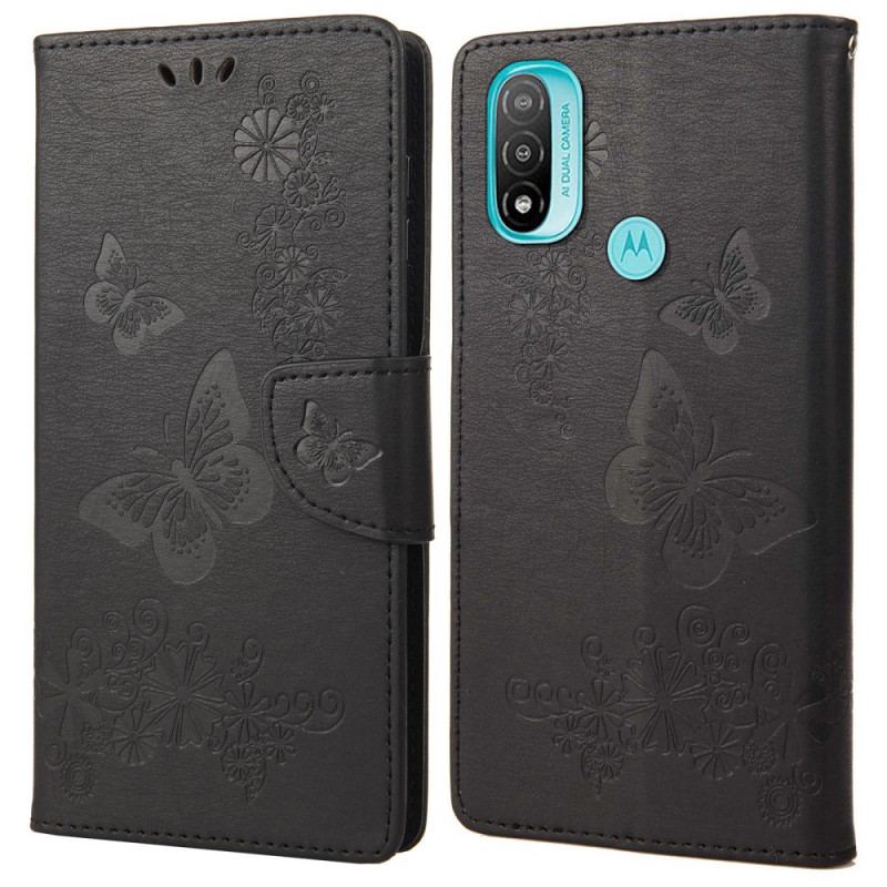 Capa Flip Para Moto E40 / E30 / E20 De Cordão Borboletas Esplêndidas