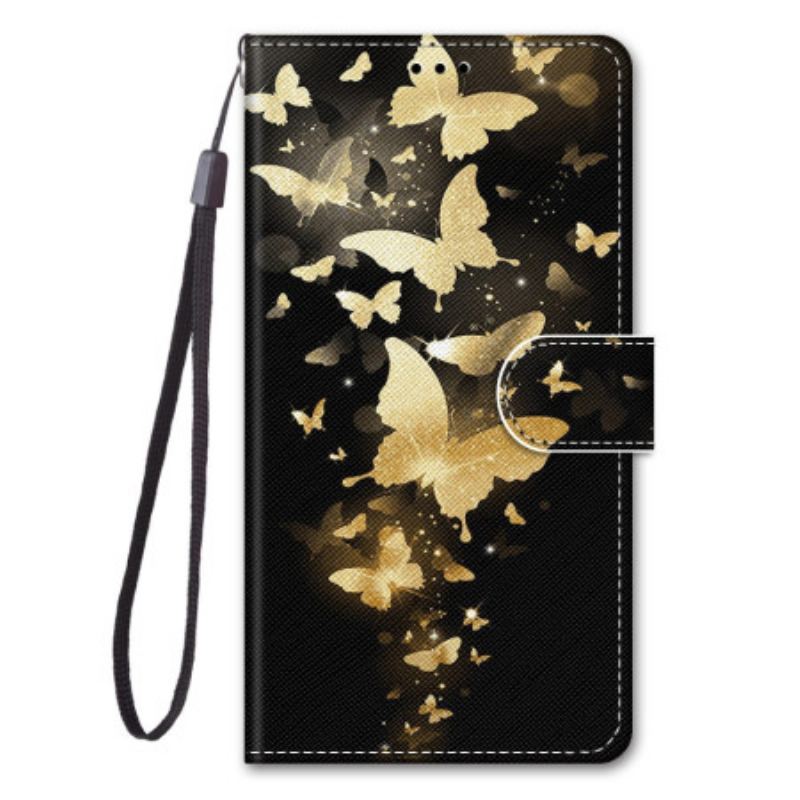 Capa De Couro Para Xiaomi Redmi 10A De Cordão Borboletas Douradas Com Alça