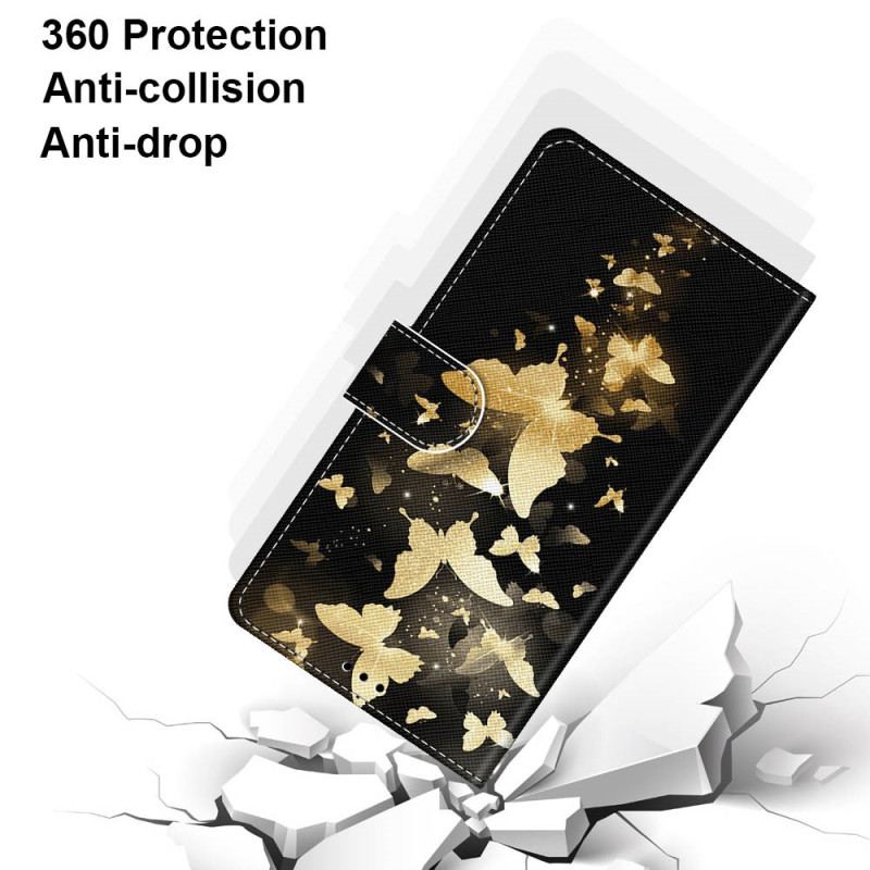 Capa De Couro Para Xiaomi Redmi 10A De Cordão Borboletas Douradas Com Alça