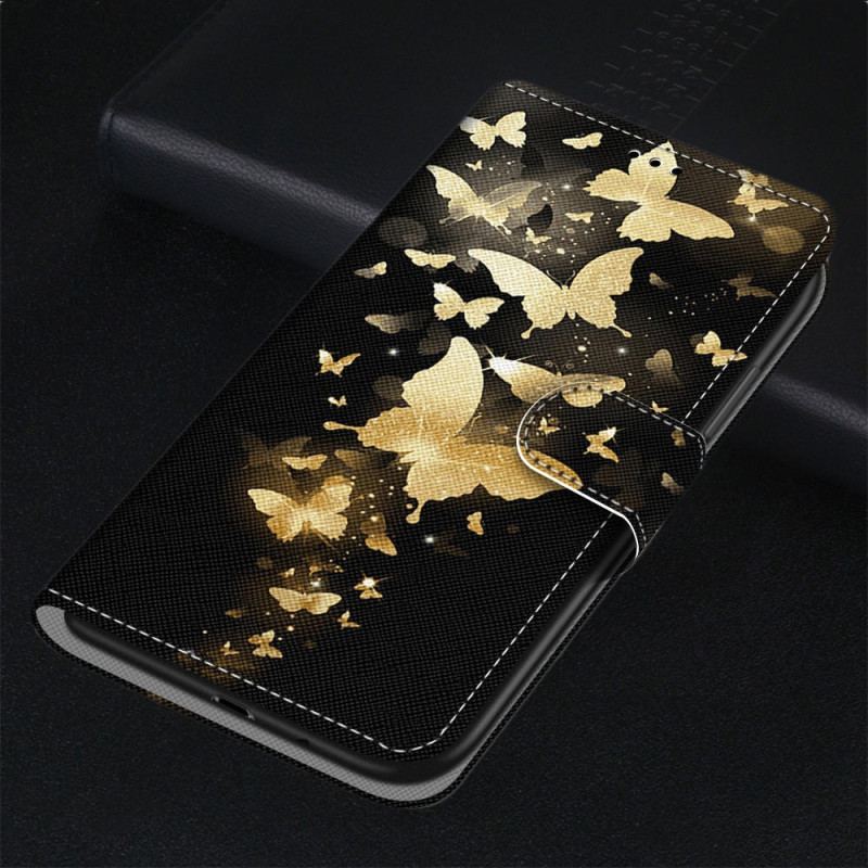 Capa De Couro Para Xiaomi Redmi 10A De Cordão Borboletas Douradas Com Alça