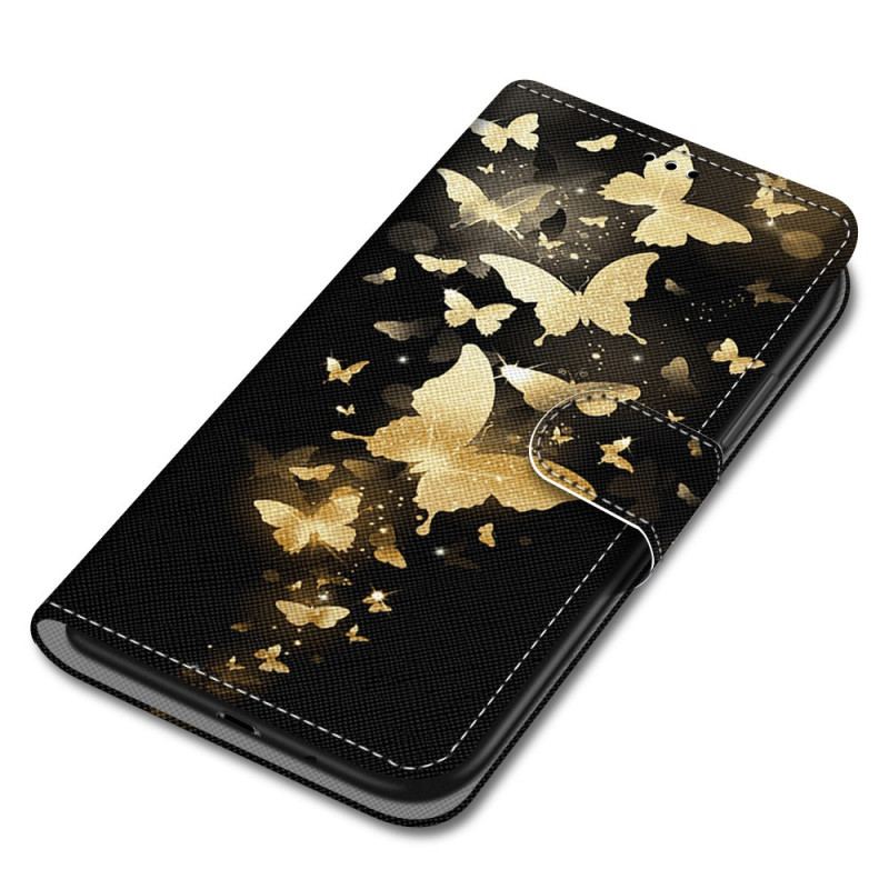 Capa De Couro Para Xiaomi Redmi 10A De Cordão Borboletas Douradas Com Alça