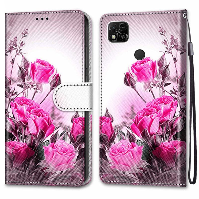 Capa De Couro Para Xiaomi Redmi 10A De Cordão Rosas De Alça