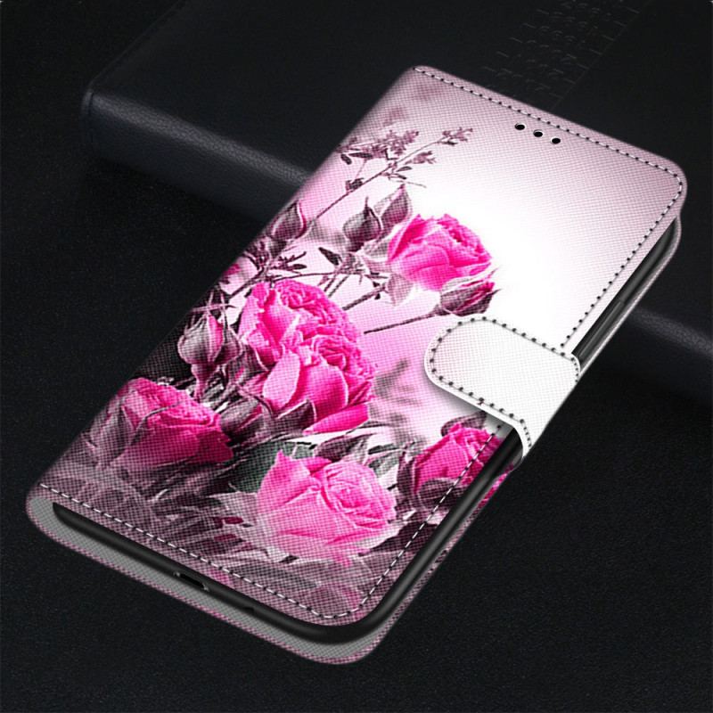 Capa De Couro Para Xiaomi Redmi 10A De Cordão Rosas De Alça