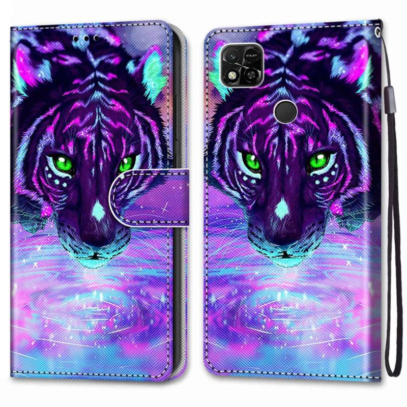 Capa Em Pele Para Xiaomi Redmi 10A De Cordão Tigre Neon Com Alça