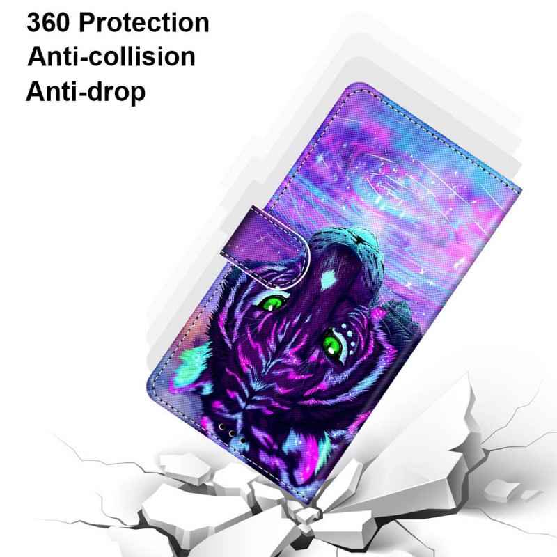 Capa Em Pele Para Xiaomi Redmi 10A De Cordão Tigre Neon Com Alça