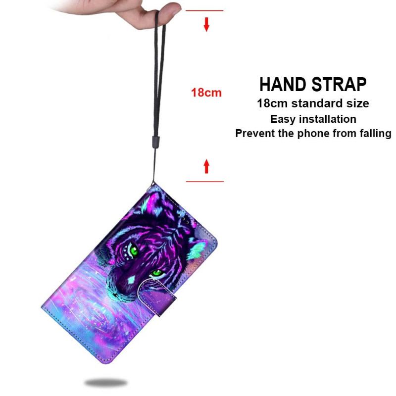 Capa Em Pele Para Xiaomi Redmi 10A De Cordão Tigre Neon Com Alça