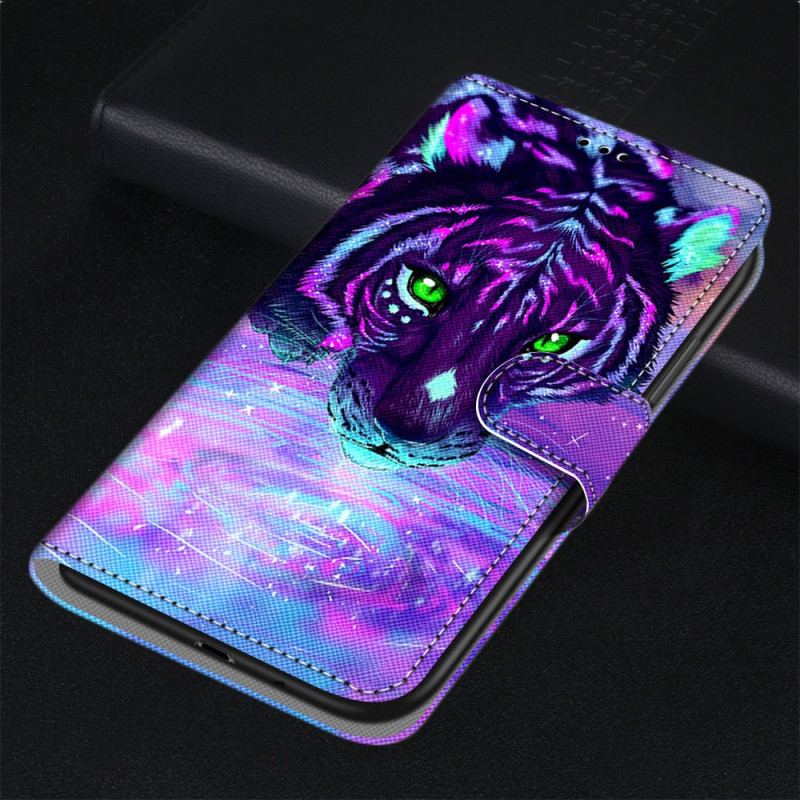 Capa Em Pele Para Xiaomi Redmi 10A De Cordão Tigre Neon Com Alça