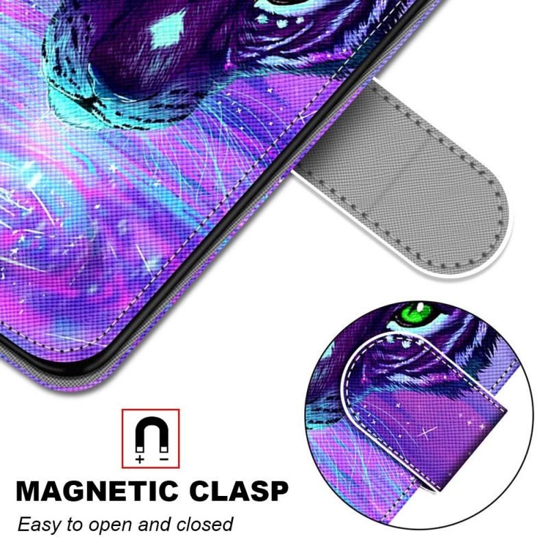 Capa Em Pele Para Xiaomi Redmi 10A De Cordão Tigre Neon Com Alça