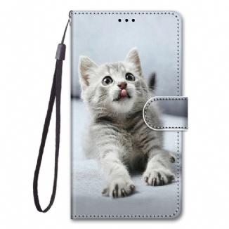 Capa Folio Para Xiaomi Redmi 10A De Cordão Gatinho Branco Com Alça