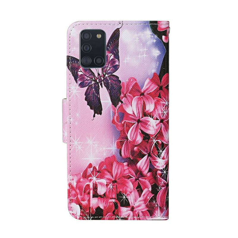 Capa Flip Para Samsung Galaxy A31 Cordão Floral Borboletas