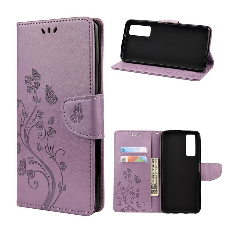 Capa Flip Para Huawei P Smart 2021 De Cordão Pulseira Borboletas E Flores