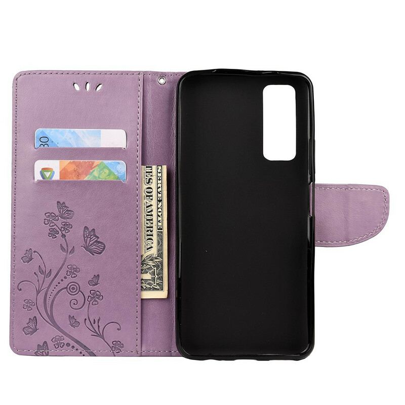 Capa Flip Para Huawei P Smart 2021 De Cordão Pulseira Borboletas E Flores