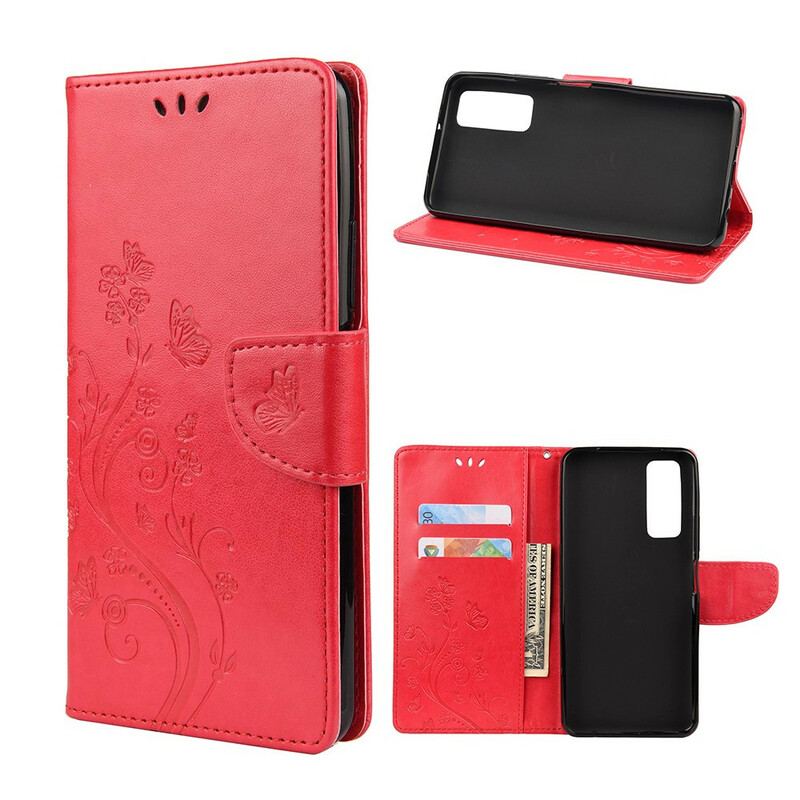 Capa Flip Para Huawei P Smart 2021 De Cordão Pulseira Borboletas E Flores