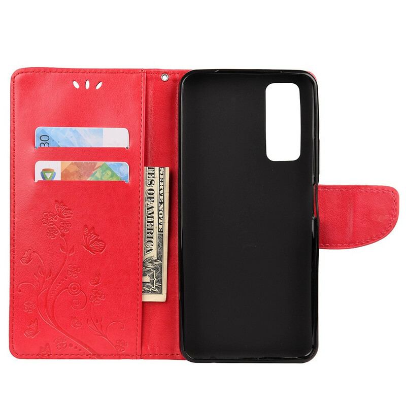 Capa Flip Para Huawei P Smart 2021 De Cordão Pulseira Borboletas E Flores