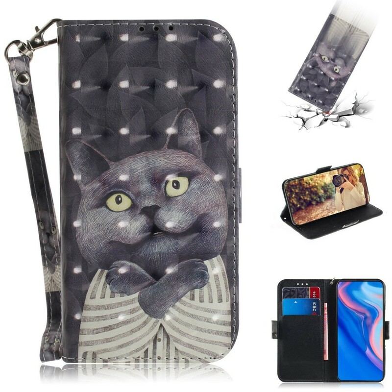 Capa Em Pele Para Huawei P Smart Z De Cordão Gato Cinzento Com Alça