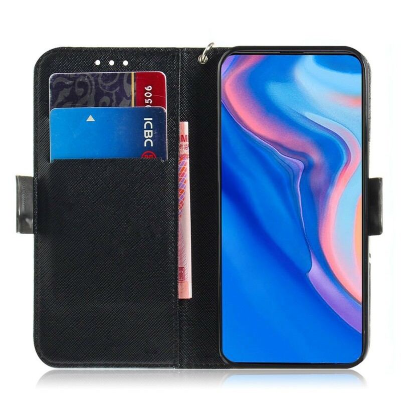Capa Em Pele Para Huawei P Smart Z De Cordão Gato Cinzento Com Alça