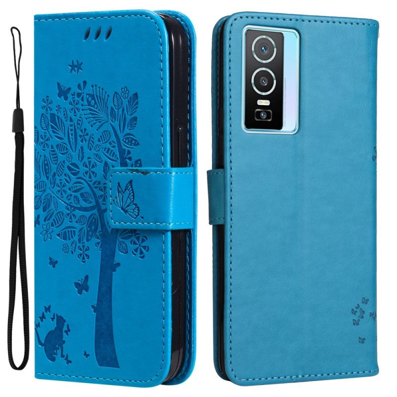 Capa Flip Para Vivo Y76 5G De Cordão Árvore E Gato Strappy