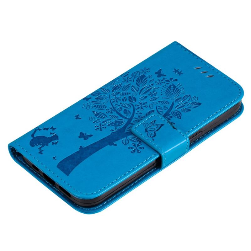 Capa Flip Para Vivo Y76 5G De Cordão Árvore E Gato Strappy