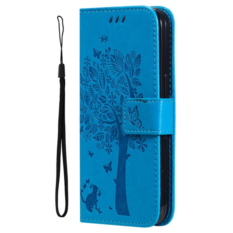 Capa Flip Para Vivo Y76 5G De Cordão Árvore E Gato Strappy