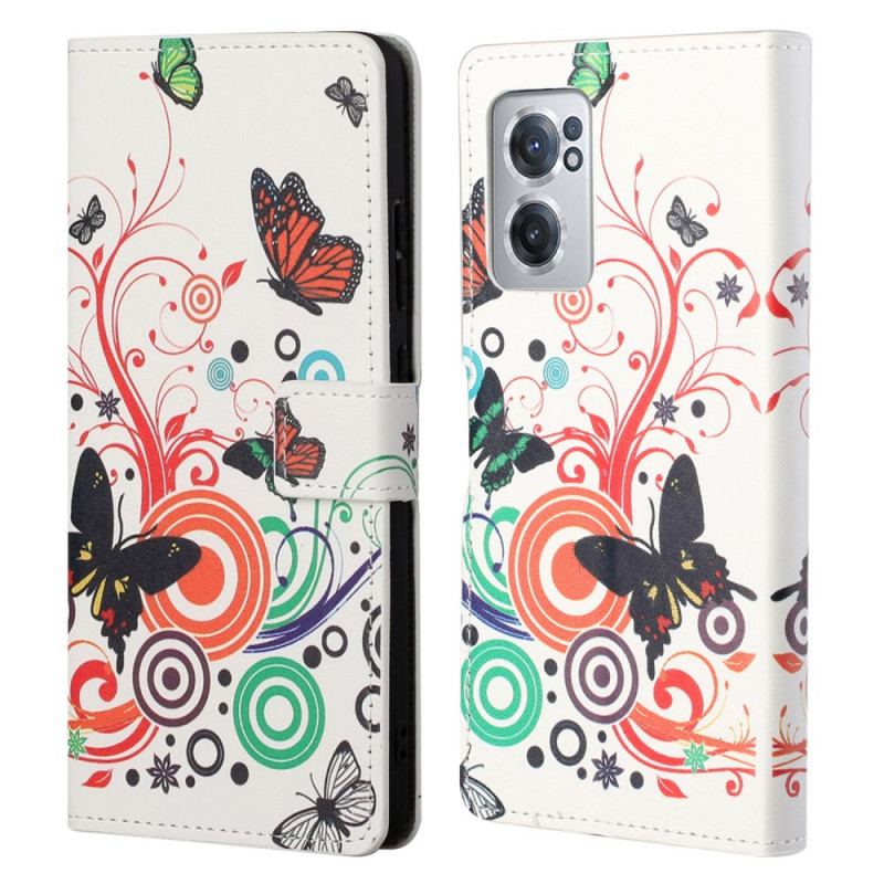 Capa Em Pele Para OnePlus Nord CE 2 5G Natureza E Borboletas