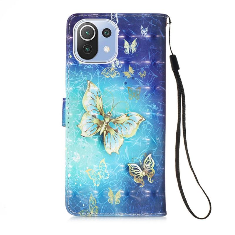 Capa De Couro Para Xiaomi Mi 11 Lite 4G / 5G / 5G NE Borboletas Douradas