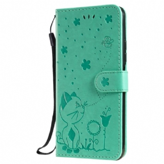 Capa De Couro Para Xiaomi Mi 11 Lite 4G / 5G / 5G NE De Cordão Gato E Abelha Com Cordão