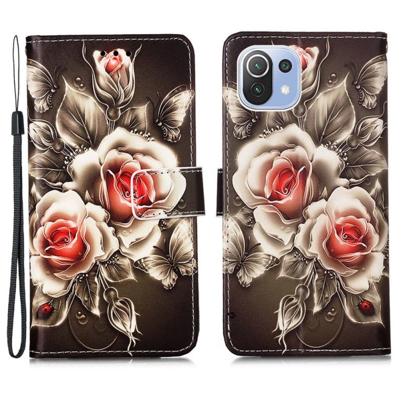Capa De Couro Para Xiaomi Mi 11 Lite 4G / 5G / 5G NE Rosas Douradas