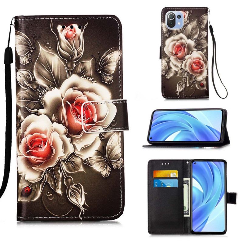 Capa De Couro Para Xiaomi Mi 11 Lite 4G / 5G / 5G NE Rosas Douradas