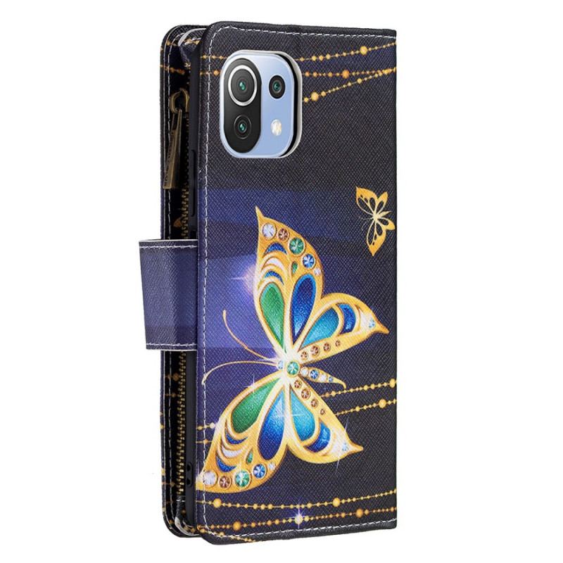 Capa Em Pele Para Xiaomi Mi 11 Lite 4G / 5G / 5G NE Borboletas Douradas De Bolso Com Zíper