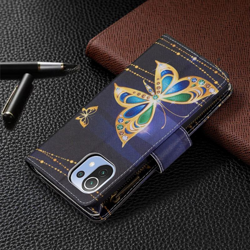 Capa Em Pele Para Xiaomi Mi 11 Lite 4G / 5G / 5G NE Borboletas Douradas De Bolso Com Zíper