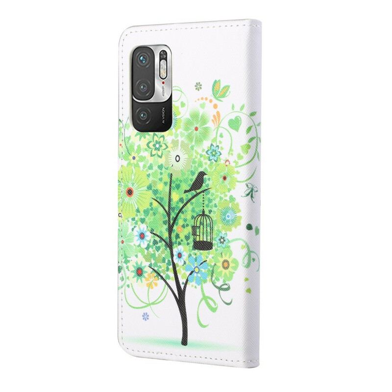 Capa De Couro Para Poco M3 Pro 5G Árvore De Folhagem Verde