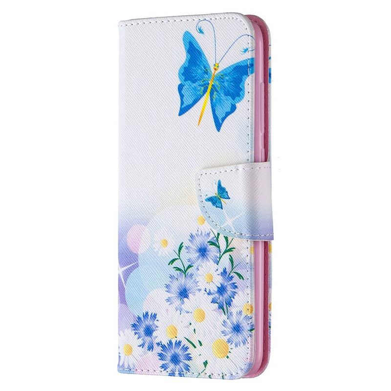 Capa De Couro Para Xiaomi Redmi Note 9 Borboletas E Flores Pintadas