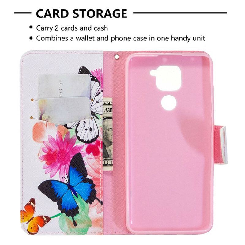 Capa De Couro Para Xiaomi Redmi Note 9 Borboletas E Flores Pintadas