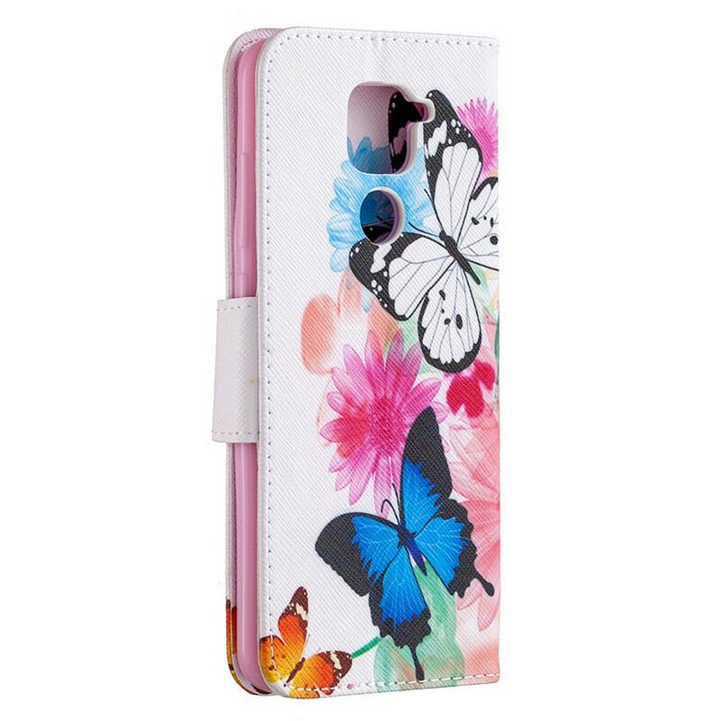 Capa De Couro Para Xiaomi Redmi Note 9 Borboletas E Flores Pintadas