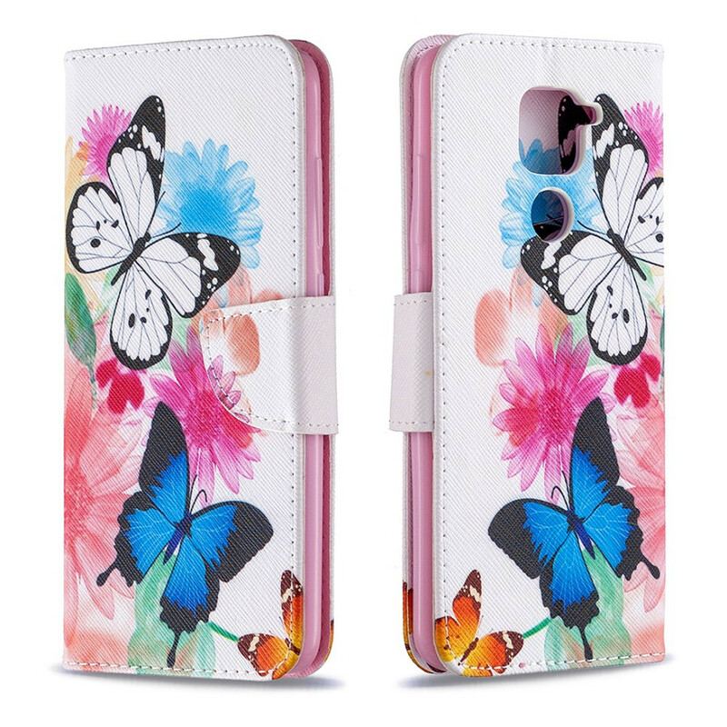 Capa De Couro Para Xiaomi Redmi Note 9 Borboletas E Flores Pintadas