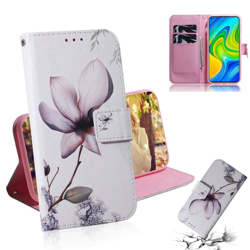Capa Folio Para Xiaomi Redmi Note 9 Flor Rosa Empoeirado