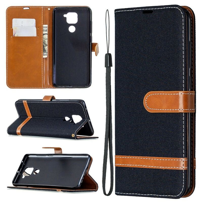 Capa Folio Para Xiaomi Redmi Note 9 Tecido E Efeito De Couro