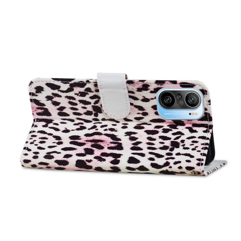 Capa De Couro Para Poco F3 Estampa De Leopardo