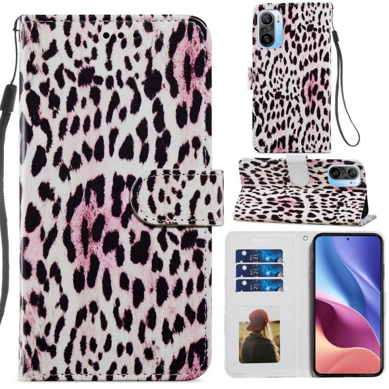 Capa De Couro Para Poco F3 Estampa De Leopardo