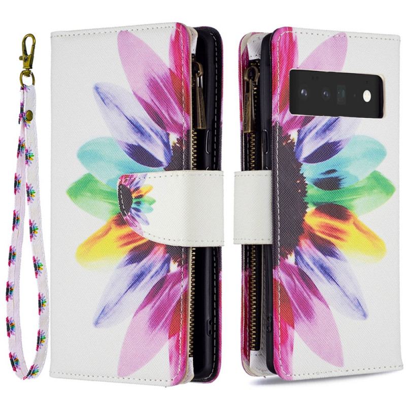Capa De Couro Para Google Pixel 6 Pro Bolso Com Zíper Flor