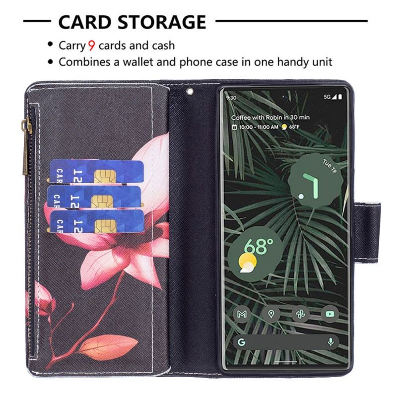 Capa De Couro Para Google Pixel 6 Pro Bolso Com Zíper Flor