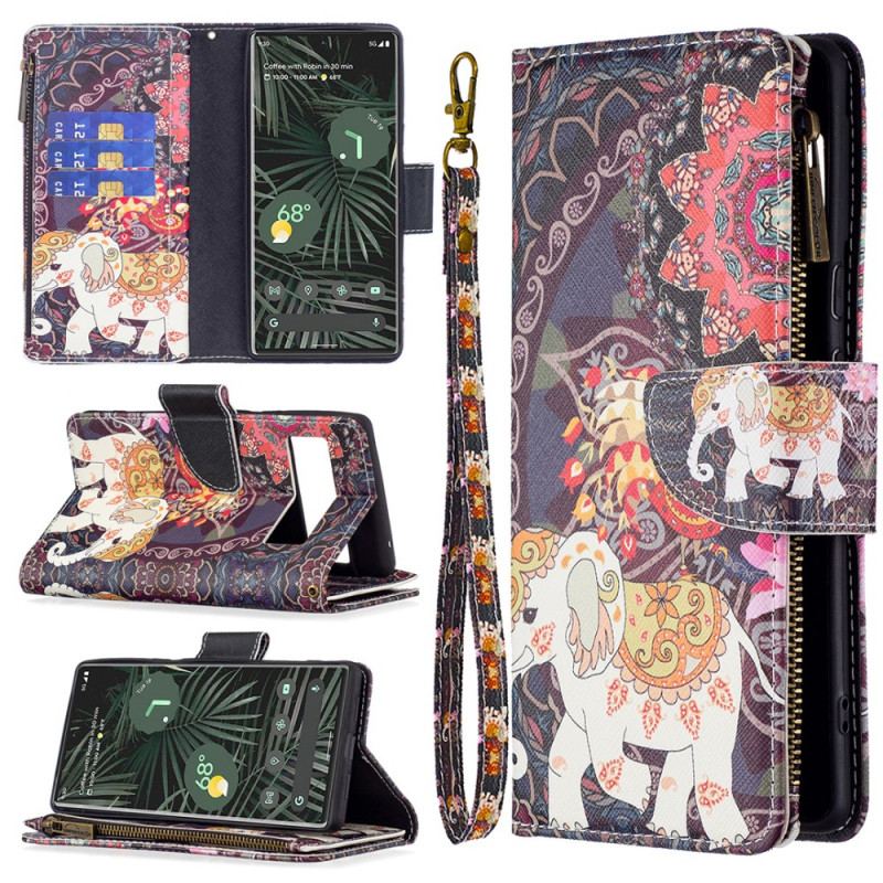 Capa De Couro Para Google Pixel 6 Pro Bolso Elefante Com Zíper
