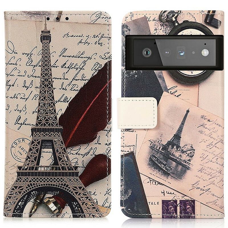 Capa De Couro Para Google Pixel 6 Pro Torre Eiffel Do Poeta