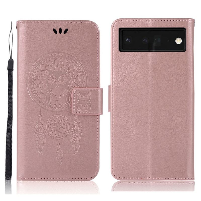 Capa Em Pele Para Google Pixel 6 Pro Coruja Apanhador De Sonhos Efeito Couro
