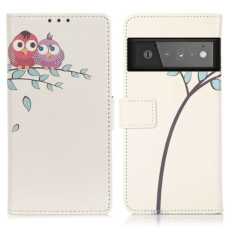 Capa Flip Para Google Pixel 6 Pro Casal De Corujas Na Árvore
