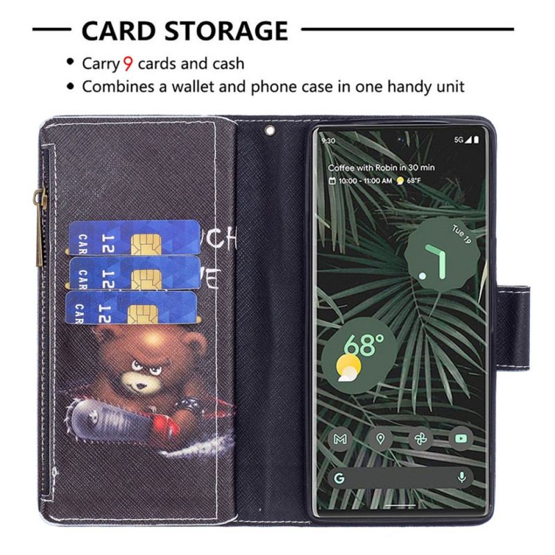 Capa Flip Para Google Pixel 6 Pro Urso De Bolso Com Zíper